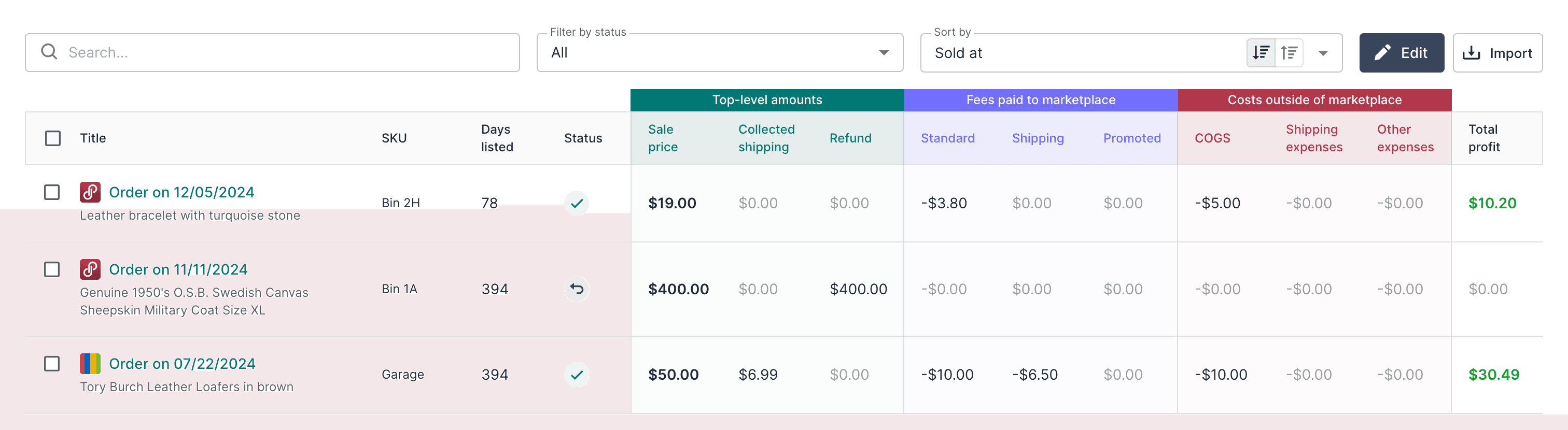 Orders table